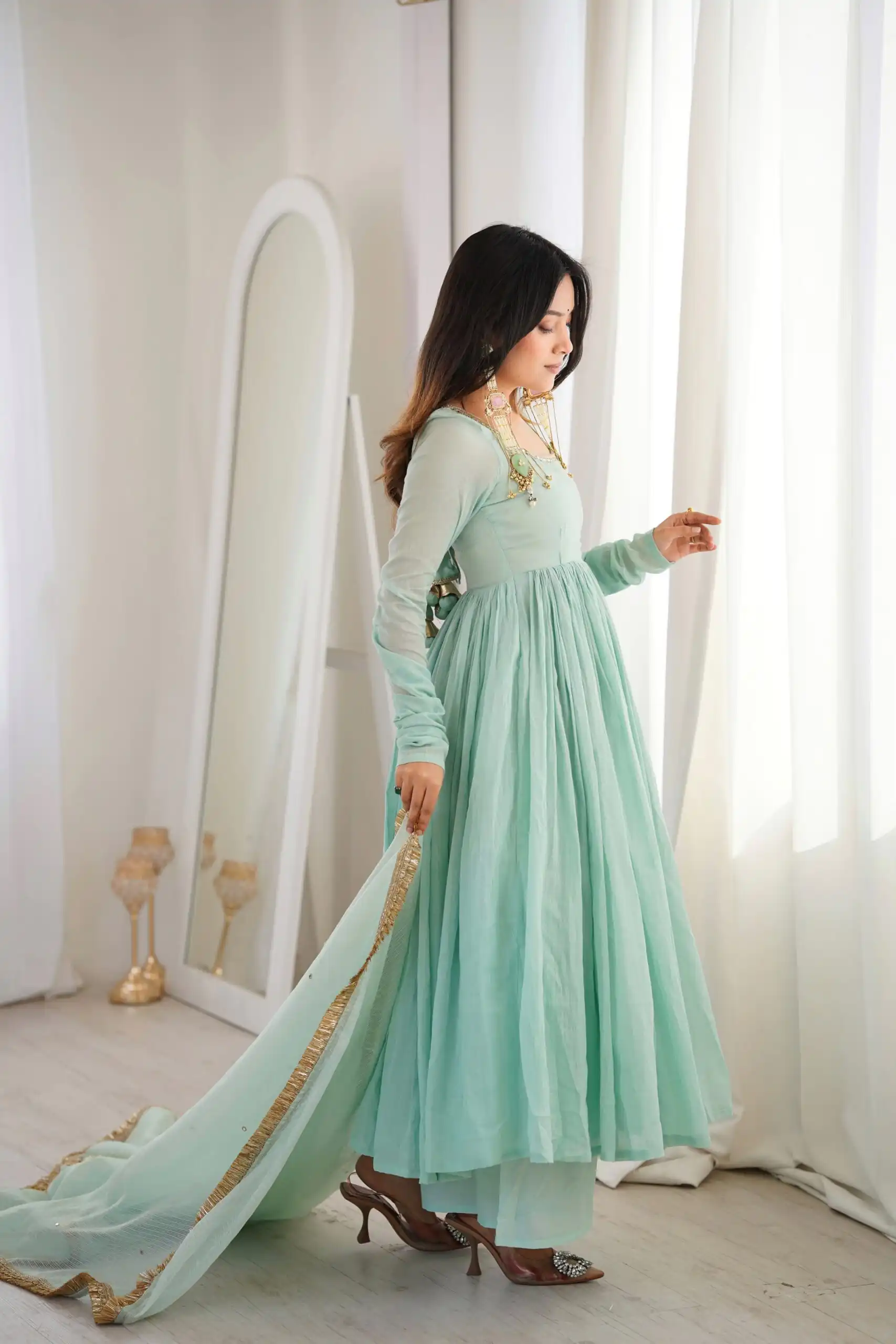 ZF 5020 Sea Green Sea Green Heavy Faux ⁠ Gown with Lace Border & Lace Work. Festive Deal ₹2099. Delivery 4-6 Working Days. Shop now. | Bollywood Gowns, Creative Gowns, Designer Gowns, Embroidered Gowns, Gowns, Party Wear Gowns