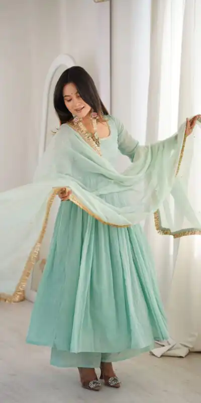 ZF 5020 Sea Green Sea Green Heavy Faux Gown with Lace Border & Lace Work. Festive Deal ₹2099. Delivery 4-6 Working Days. Shop now. | Bollywood Gowns, Creative Gowns, Designer Gowns, Embroidered Gowns, Gowns, Party Wear Gowns