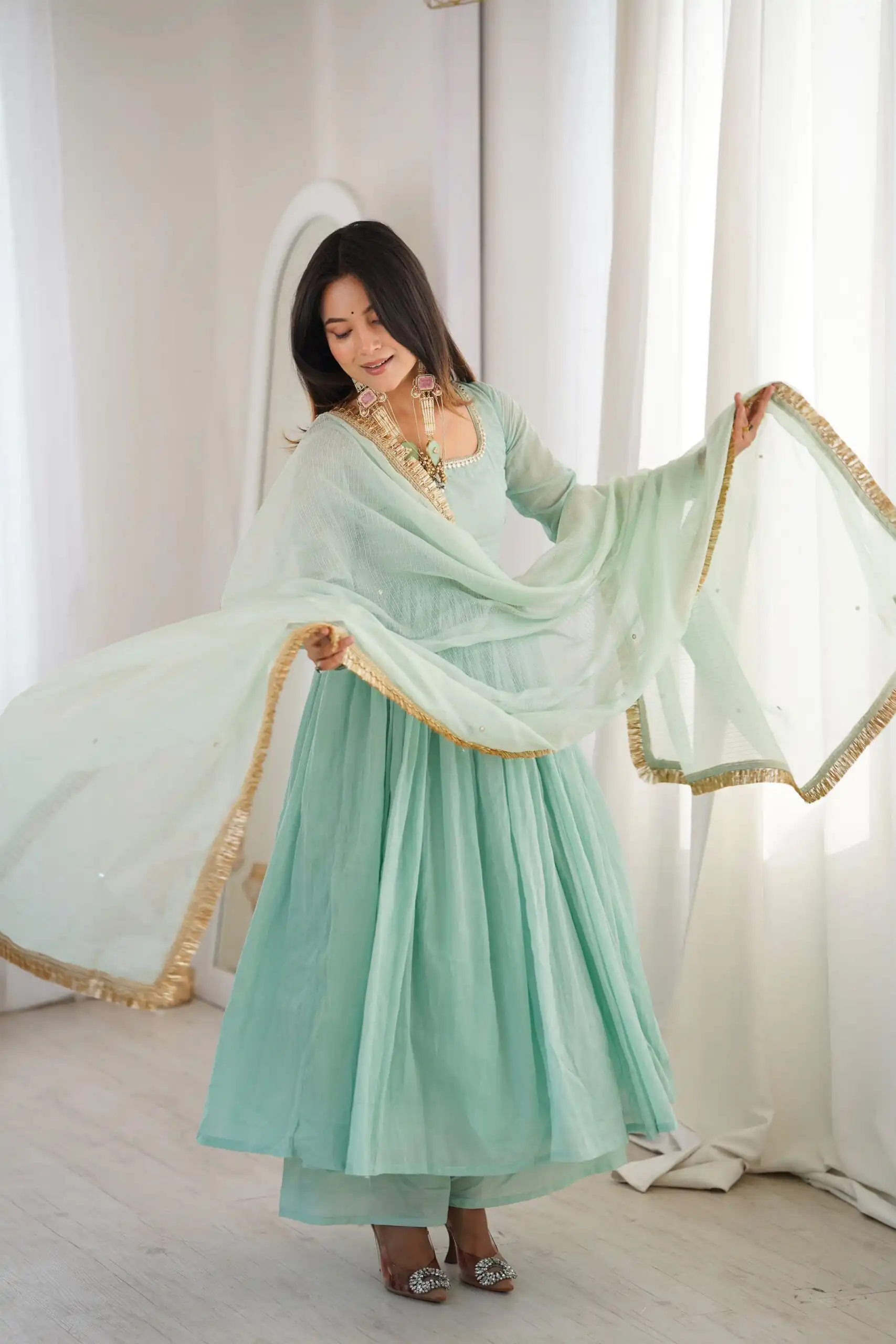 ZF 5020 Sea Green Sea Green Heavy Faux ⁠ Gown with Lace Border & Lace Work. Festive Deal ₹2099. Delivery 4-6 Working Days. Shop now. | Bollywood Gowns, Creative Gowns, Designer Gowns, Embroidered Gowns, Gowns, Party Wear Gowns