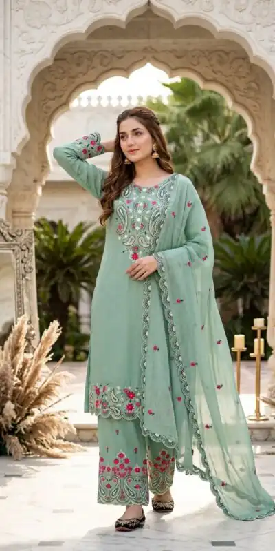 MT 1078 Sea Green Roman Silk Salwar Suit Perfect for Wedding, Party, Ethnic Day, Anniversary, Diwali – . Now at just ₹2399. Delivery 4-6 Working Days. | Casual Suits, Jump Suits, Creative suits, Designer Suits, Palazzo Suits, Party Wear Suits, Patiala Suits, Salwar suit, Straight Suits