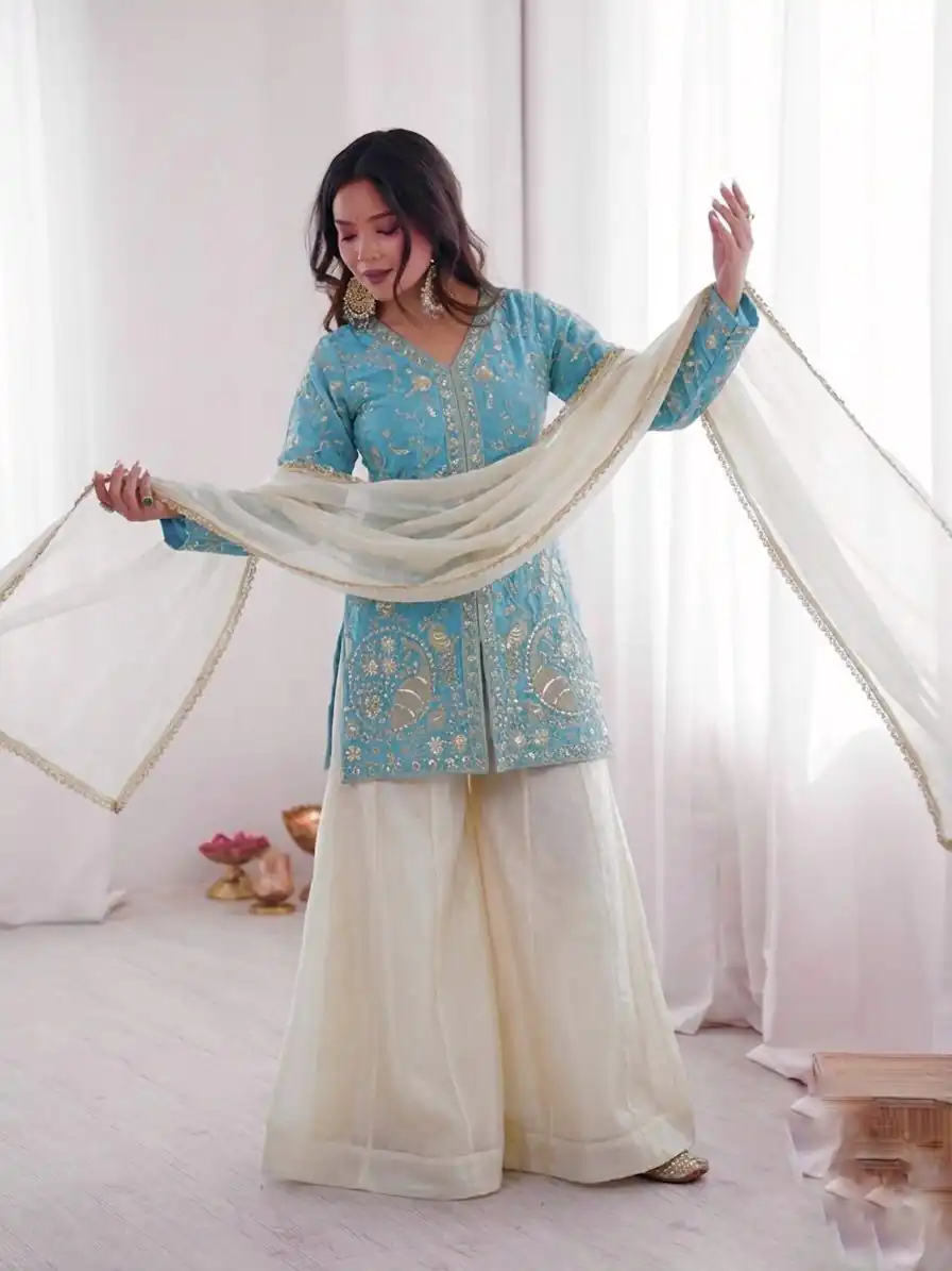 JF 043 Sky Blue Pure Fendy Silk Salwar Suitwith Embroidery Work & Sequins Work. Exclusive Offer ₹1940. Delivery 4-6 Working Days. Shop now. | Casual Suits, Jump Suits, Creative suits, Designer Suits, Palazzo Suits, Party Wear Suits, Patiala Suits, Salwar suit, Straight Suits