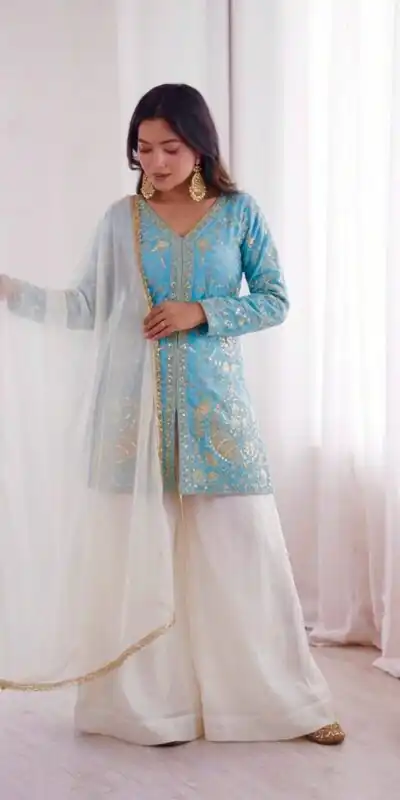 JF 043 Sky Blue Pure Fendy Silk Salwar Suitwith Embroidery Work & Sequins Work. Exclusive Offer ₹1940. Delivery 4-6 Working Days. Shop now. | Casual Suits, Jump Suits, Creative suits, Designer Suits, Palazzo Suits, Party Wear Suits, Patiala Suits, Salwar suit, Straight Suits