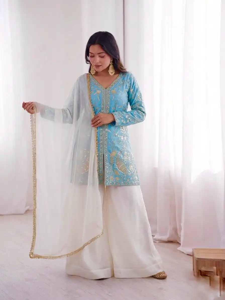 JF 043 Sky Blue Pure Fendy Silk Salwar Suitwith Embroidery Work & Sequins Work. Exclusive Offer ₹1940. Delivery 4-6 Working Days. Shop now. | Casual Suits, Jump Suits, Creative suits, Designer Suits, Palazzo Suits, Party Wear Suits, Patiala Suits, Salwar suit, Straight Suits