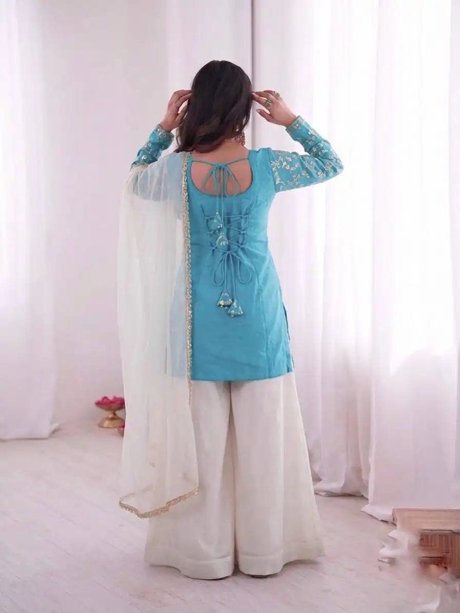JF 043 Sky Blue Pure Fendy Silk Salwar Suitwith Embroidery Work & Sequins Work. Exclusive Offer ₹1940. Delivery 4-6 Working Days. Shop now. | Casual Suits, Jump Suits, Creative suits, Designer Suits, Palazzo Suits, Party Wear Suits, Patiala Suits, Salwar suit, Straight Suits