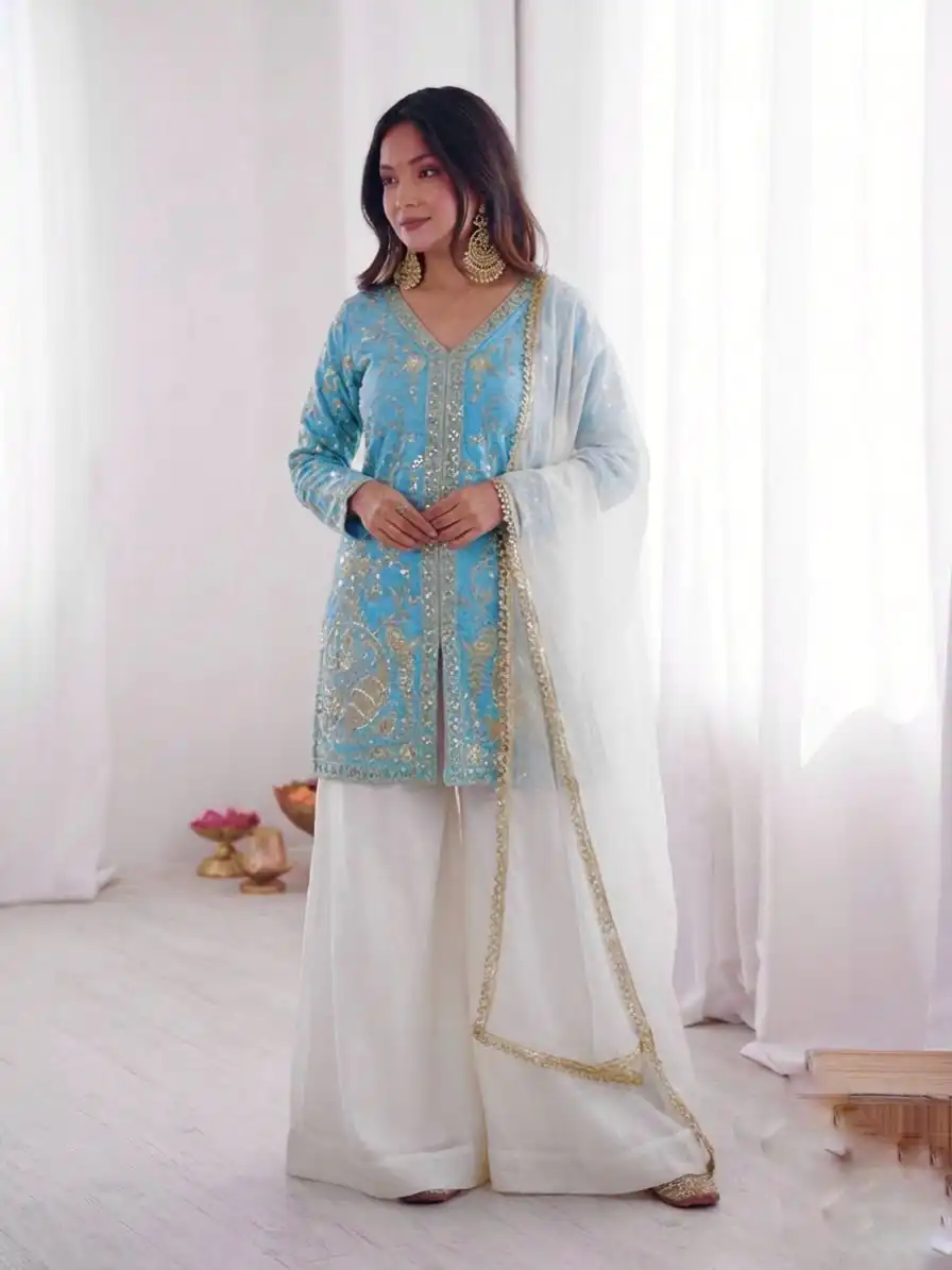 JF 043 Sky Blue Pure Fendy Silk Salwar Suitwith Embroidery Work & Sequins Work. Exclusive Offer ₹1940. Delivery 4-6 Working Days. Shop now. | Casual Suits, Jump Suits, Creative suits, Designer Suits, Palazzo Suits, Party Wear Suits, Patiala Suits, Salwar suit, Straight Suits