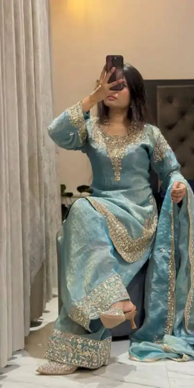 WW 1258 Sky Blue in Pure Zimmy Chu Silk Embroidery Work & Sequins Work Salwar Suit . Affordable Price ₹2099. Delivery 4-6 Working Days. Shop now. | Casual Suits, Jump Suits, Creative suits, Designer Suits, Palazzo Suits, Party Wear Suits, Patiala Suits, Salwar suit, Straight Suits