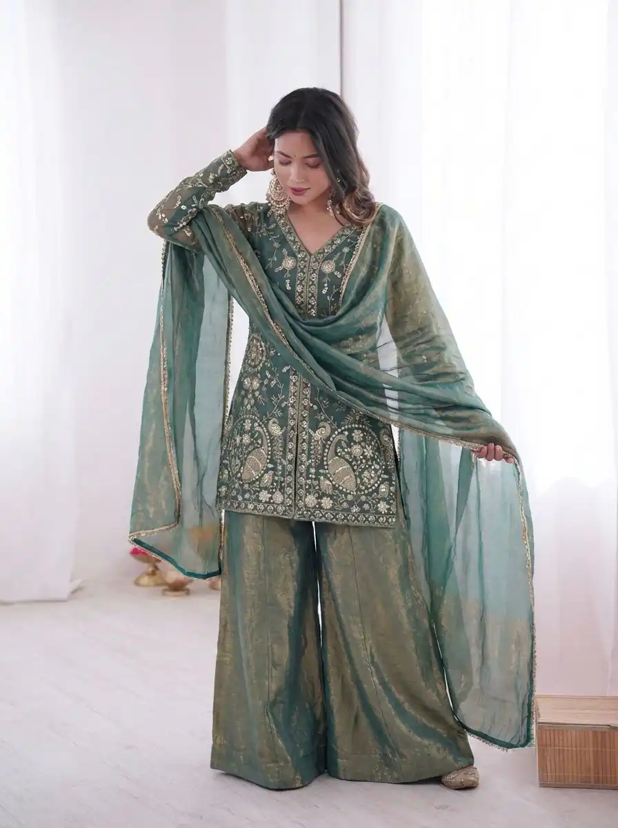 JF 043 Teal Pure Fendy Silk Salwar Suitwith Embroidery Work & Sequins Work. Exclusive Offer ₹1940. Delivery 4-6 Working Days. Shop now. | Casual Suits, Jump Suits, Creative suits, Designer Suits, Palazzo Suits, Party Wear Suits, Patiala Suits, Salwar suit, Straight Suits