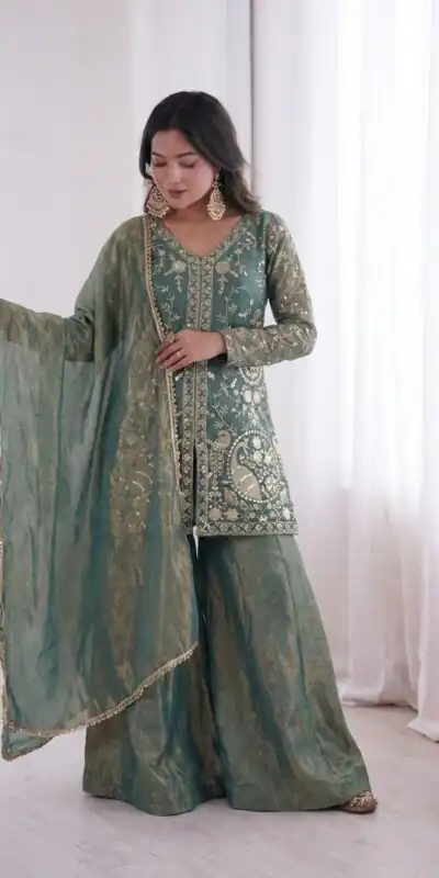 JF 043 Teal Pure Fendy Silk Salwar Suitwith Embroidery Work & Sequins Work. Exclusive Offer ₹1940. Delivery 4-6 Working Days. Shop now. | Casual Suits, Jump Suits, Creative suits, Designer Suits, Palazzo Suits, Party Wear Suits, Patiala Suits, Salwar suit, Straight Suits