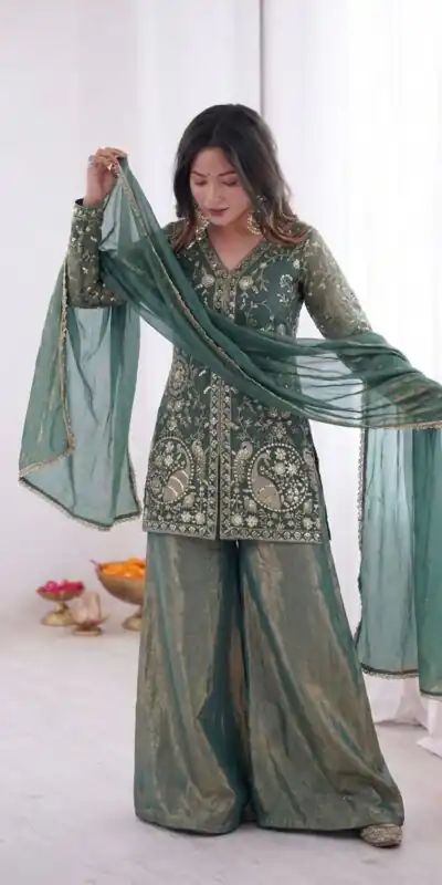 JF 043 Teal Pure Fendy Silk Salwar Suitwith Embroidery Work & Sequins Work. Exclusive Offer ₹1940. Delivery 4-6 Working Days. Shop now. | Casual Suits, Jump Suits, Creative suits, Designer Suits, Palazzo Suits, Party Wear Suits, Patiala Suits, Salwar suit, Straight Suits
