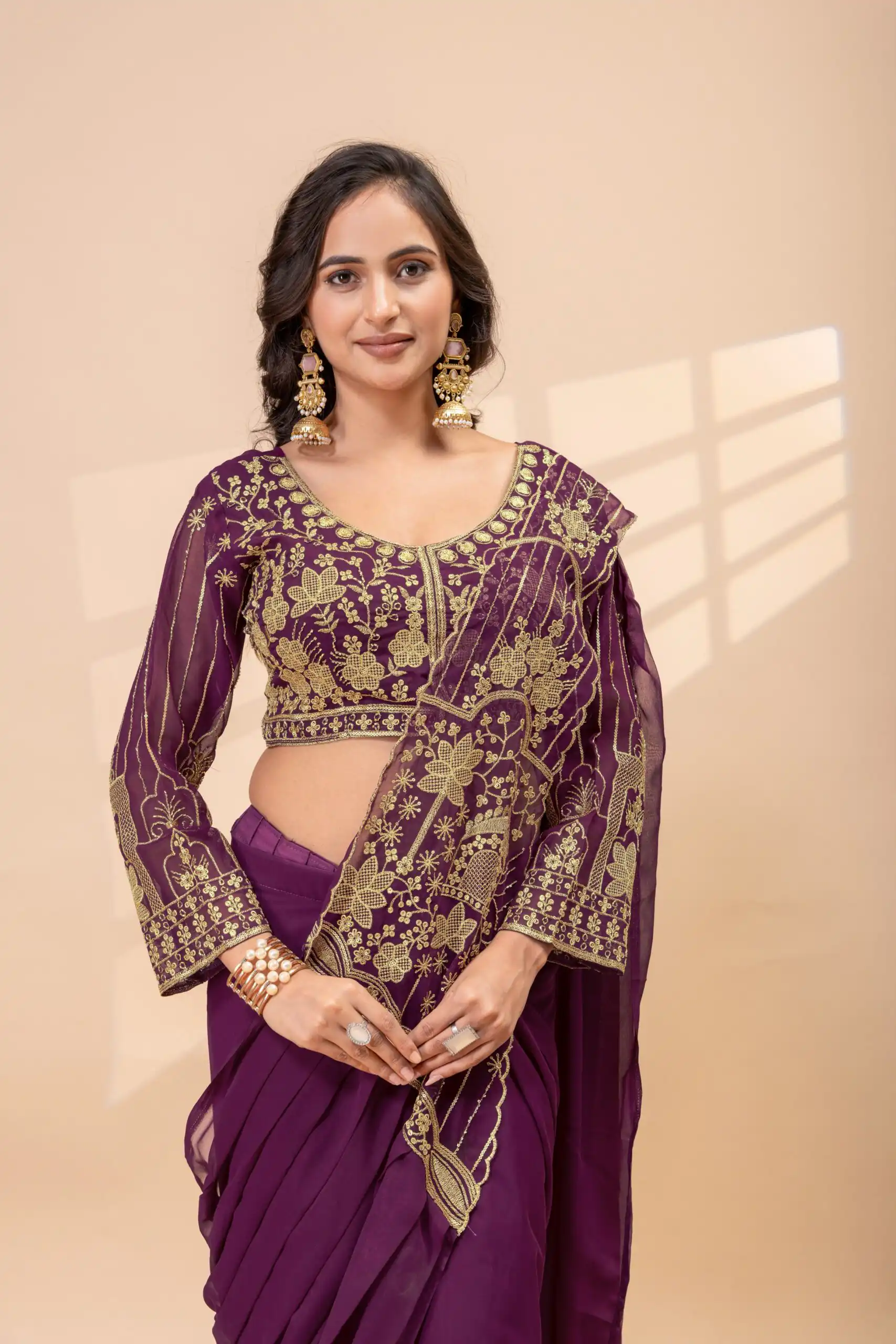 ST 1172 Wine Faux Georgette Saree with Embroidery Work & Bead Work. Now at just ₹1849. Delivery 4-6 Working Days. Shop now. | Creative Sarees, Bollywood Sarees, Designer Sarees, Embroidered Sarees, Ethnic Saree, Modern Digital sarees, Party Wear Sarees, Sarees
