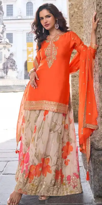 ZC KIARA Orange Chinon Silk Salwar Suit with Embroidery Work & Sequins Work. Grab it for ₹2399. Delivery 4-6 Working Days. Shop now. | Casual Suits, Jump Suits, Creative suits, Designer Suits, Palazzo Suits, Party Wear Suits, Patiala Suits, Salwar suit, Straight Suits