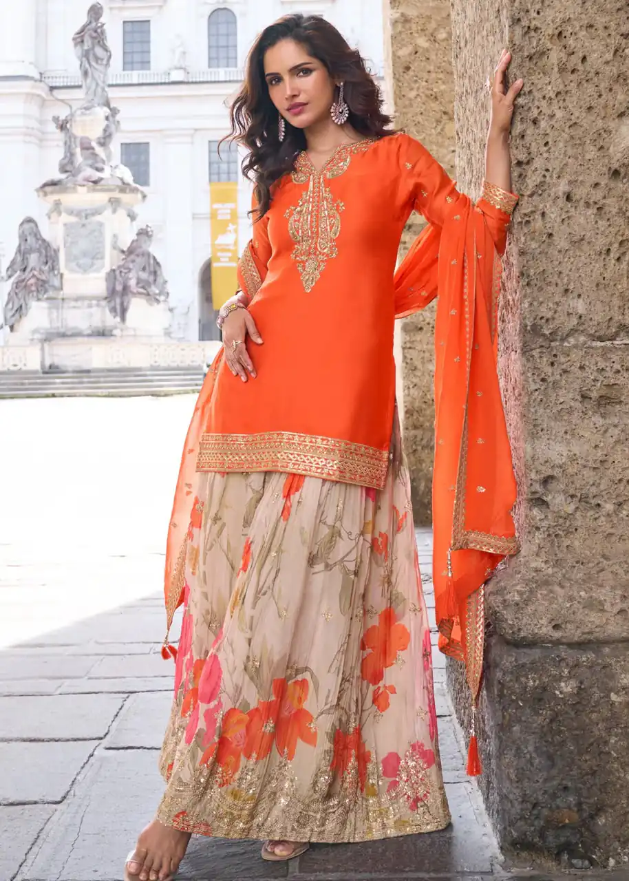 ZC KIARA Orange Chinon Silk Salwar Suit with Embroidery Work & Sequins Work. Grab it for ₹2399. Delivery 4-6 Working Days. Shop now. | Casual Suits, Jump Suits, Creative suits, Designer Suits, Palazzo Suits, Party Wear Suits, Patiala Suits, Salwar suit, Straight Suits