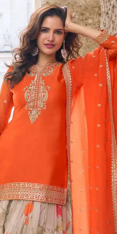 ZC KIARA Orange Chinon Silk Salwar Suit with Embroidery Work & Sequins Work. Grab it for ₹2399. Delivery 4-6 Working Days. Shop now. | Casual Suits, Jump Suits, Creative suits, Designer Suits, Palazzo Suits, Party Wear Suits, Patiala Suits, Salwar suit, Straight Suits