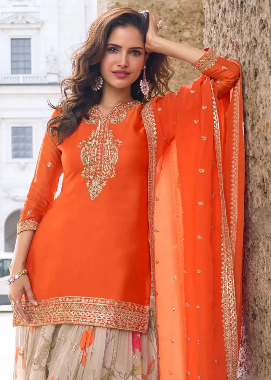 ZC KIARA Orange Chinon Silk Salwar Suit with Embroidery Work & Sequins Work. Grab it for ₹2399. Delivery 4-6 Working Days. Shop now. | Casual Suits, Jump Suits, Creative suits, Designer Suits, Palazzo Suits, Party Wear Suits, Patiala Suits, Salwar suit, Straight Suits
