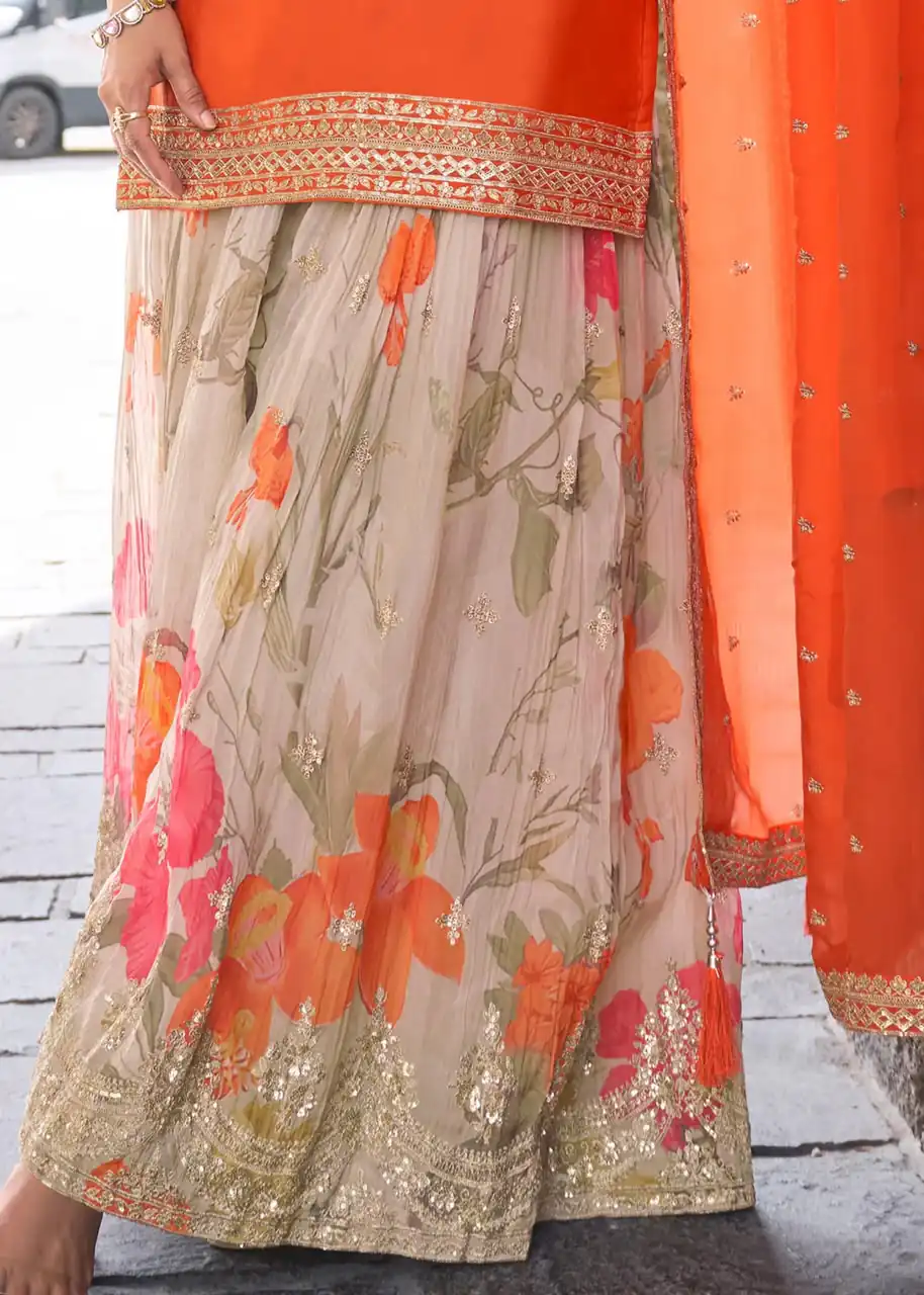 ZC KIARA Orange Chinon Silk Salwar Suit with Embroidery Work & Sequins Work. Grab it for ₹2399. Delivery 4-6 Working Days. Shop now. | Casual Suits, Jump Suits, Creative suits, Designer Suits, Palazzo Suits, Party Wear Suits, Patiala Suits, Salwar suit, Straight Suits
