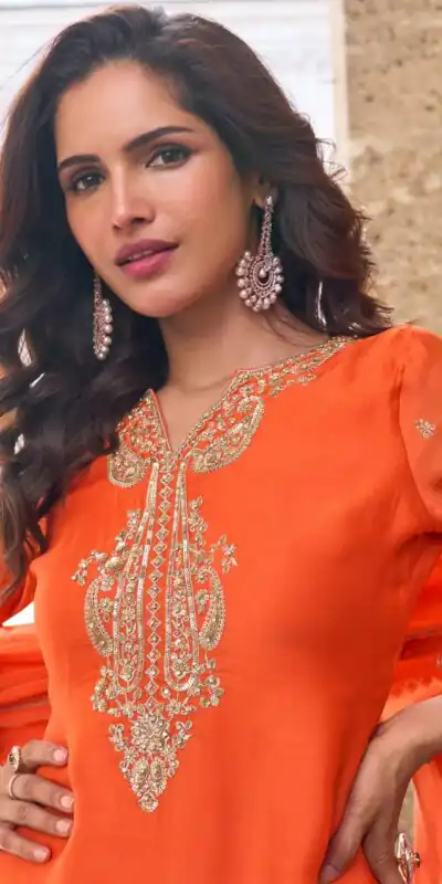 ZC KIARA Orange Chinon Silk Salwar Suit with Embroidery Work & Sequins Work. Grab it for ₹2399. Delivery 4-6 Working Days. Shop now. | Casual Suits, Jump Suits, Creative suits, Designer Suits, Palazzo Suits, Party Wear Suits, Patiala Suits, Salwar suit, Straight Suits