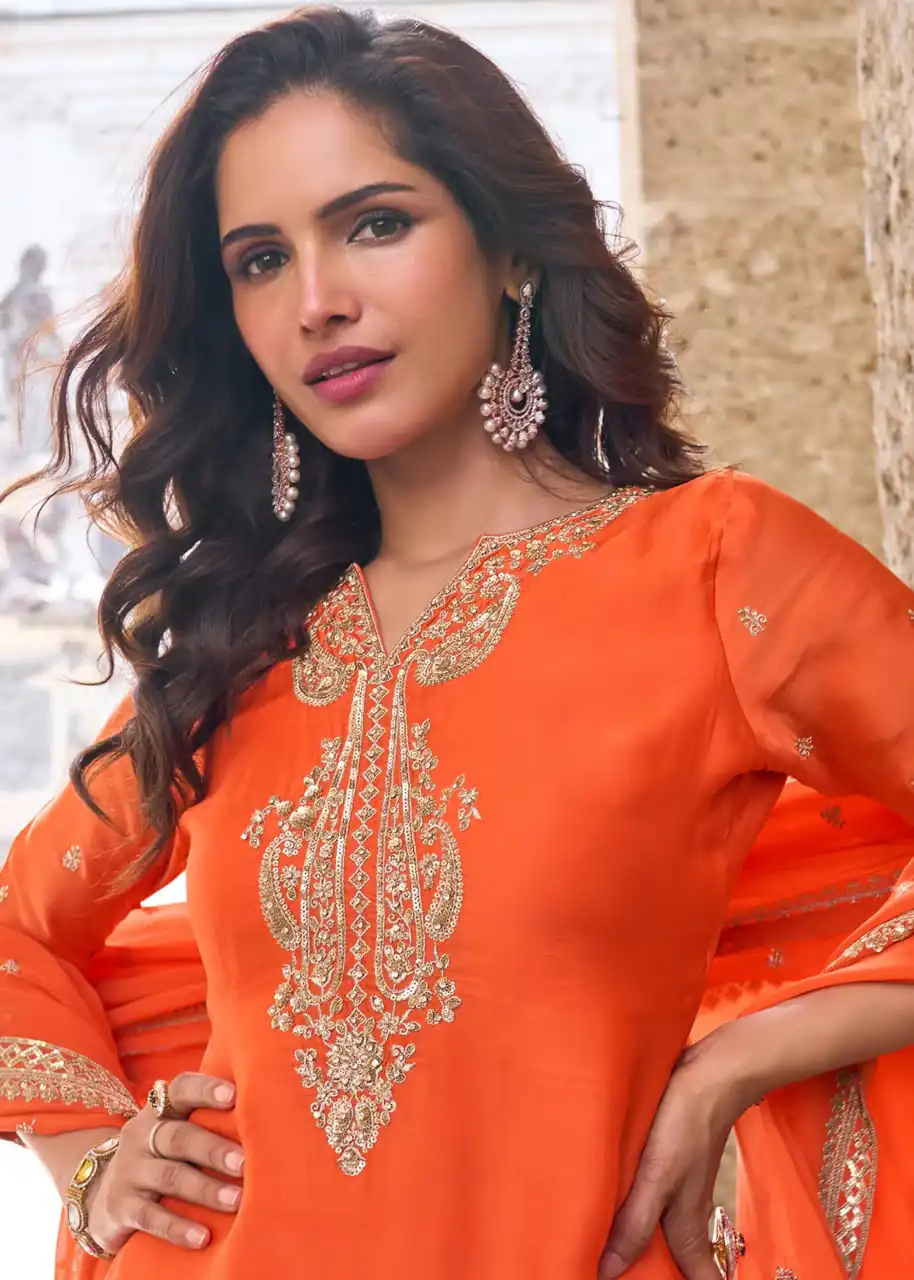 ZC KIARA Orange Chinon Silk Salwar Suit with Embroidery Work & Sequins Work. Grab it for ₹2399. Delivery 4-6 Working Days. Shop now. | Casual Suits, Jump Suits, Creative suits, Designer Suits, Palazzo Suits, Party Wear Suits, Patiala Suits, Salwar suit, Straight Suits