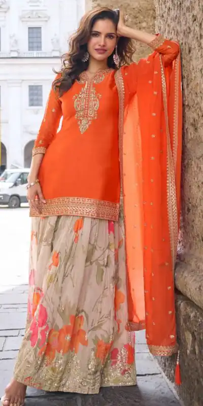 ZC KIARA Orange Chinon Silk Salwar Suit with Embroidery Work & Sequins Work. Grab it for ₹2399. Delivery 4-6 Working Days. Shop now. | Casual Suits, Jump Suits, Creative suits, Designer Suits, Palazzo Suits, Party Wear Suits, Patiala Suits, Salwar suit, Straight Suits