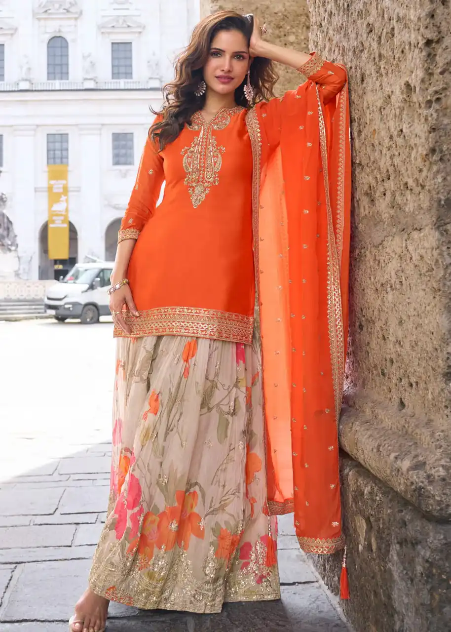 ZC KIARA Orange Chinon Silk Salwar Suit with Embroidery Work & Sequins Work. Grab it for ₹2399. Delivery 4-6 Working Days. Shop now. | Casual Suits, Jump Suits, Creative suits, Designer Suits, Palazzo Suits, Party Wear Suits, Patiala Suits, Salwar suit, Straight Suits