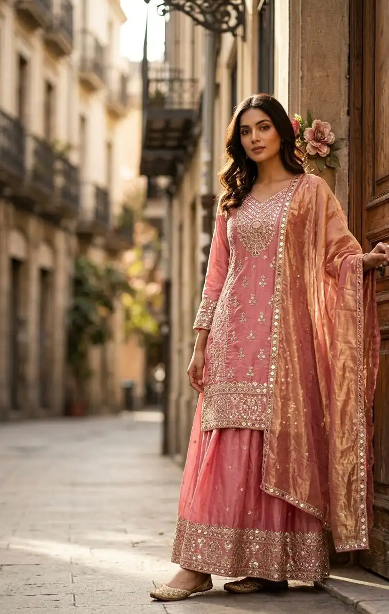 WW 1271 Peach | Peach Pure Endy Silk Salwar Suit with Embroidery Work & Sequins Work. Exclusive Offer ₹2399. Delivery 4-6 Working Days. Shop now. | Casual Suits, Jump Suits, Creative suits, Designer Suits, Palazzo Suits, Party Wear Suits, Patiala Suits, Salwar suit, Straight Suits