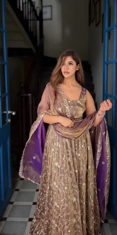 NSR 896 Purple Perfect for Wedding, Party, Makar Sankranti, Raksha Bandhan, Ganesh Chaturthi – Fendy Silk Gown. Festive Deal ₹2149. Delivery 4-6 Working Da | Bollywood Gowns, Creative Gowns, Designer Gowns, Embroidered Gowns, Gowns, Party Wear Gowns