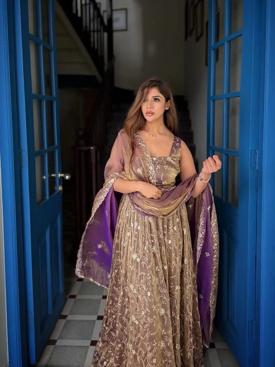NSR 896 Purple Perfect for Wedding, Party, Makar Sankranti, Raksha Bandhan, Ganesh Chaturthi – Fendy Silk Gown. Festive Deal ₹2149. Delivery 4-6 Working Da | Bollywood Gowns, Creative Gowns, Designer Gowns, Embroidered Gowns, Gowns, Party Wear Gowns