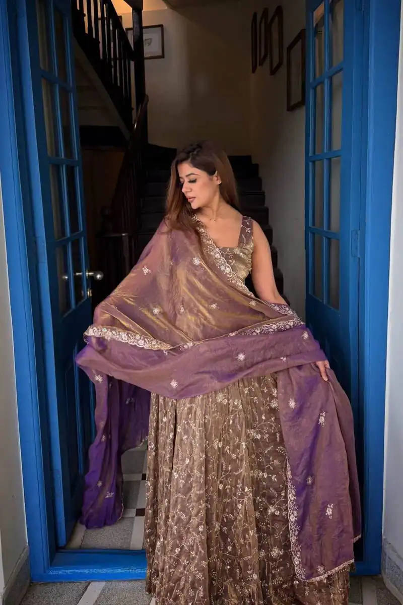 NSR 896 Purple Perfect for Wedding, Party, Makar Sankranti, Raksha Bandhan, Ganesh Chaturthi – Fendy Silk Gown. Festive Deal ₹2149. Delivery 4-6 Working Da | Bollywood Gowns, Creative Gowns, Designer Gowns, Embroidered Gowns, Gowns, Party Wear Gowns