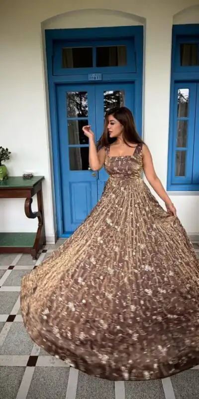 NSR 896 Purple Perfect for Wedding, Party, Makar Sankranti, Raksha Bandhan, Ganesh Chaturthi – Fendy Silk Gown. Festive Deal ₹2149. Delivery 4-6 Working Da | Bollywood Gowns, Creative Gowns, Designer Gowns, Embroidered Gowns, Gowns, Party Wear Gowns