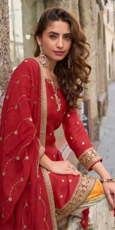 ZC KIARA Red Chinon Silk Salwar Suit with Embroidery Work & Sequins Work. Grab it for ₹2399. Delivery 4-6 Working Days. Shop now. | Casual Suits, Jump Suits, Creative suits, Designer Suits, Palazzo Suits, Party Wear Suits, Patiala Suits, Salwar suit, Straight Suits