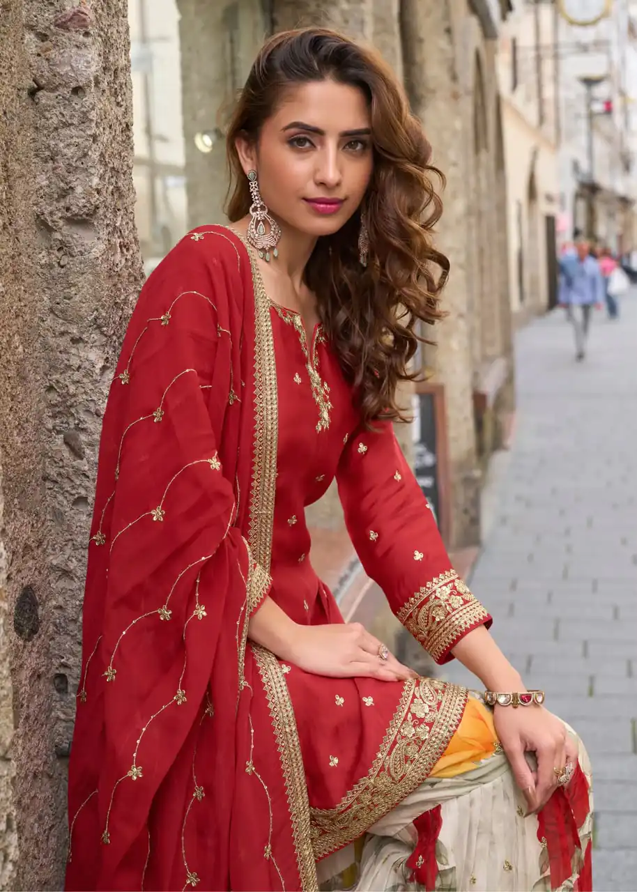 ZC KIARA Red Chinon Silk Salwar Suit with Embroidery Work & Sequins Work. Grab it for ₹2399. Delivery 4-6 Working Days. Shop now. | Casual Suits, Jump Suits, Creative suits, Designer Suits, Palazzo Suits, Party Wear Suits, Patiala Suits, Salwar suit, Straight Suits