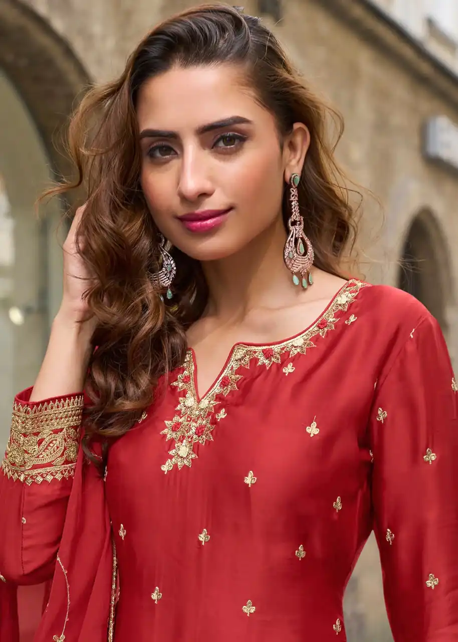 ZC KIARA Red Chinon Silk Salwar Suit with Embroidery Work & Sequins Work. Grab it for ₹2399. Delivery 4-6 Working Days. Shop now. | Casual Suits, Jump Suits, Creative suits, Designer Suits, Palazzo Suits, Party Wear Suits, Patiala Suits, Salwar suit, Straight Suits