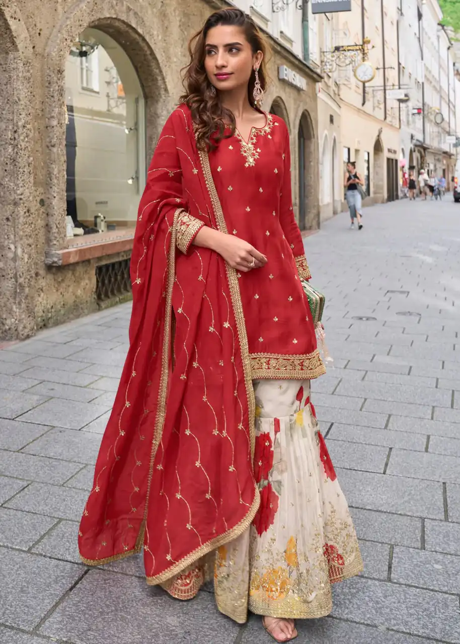 ZC KIARA Red Chinon Silk Salwar Suit with Embroidery Work & Sequins Work. Grab it for ₹2399. Delivery 4-6 Working Days. Shop now. | Casual Suits, Jump Suits, Creative suits, Designer Suits, Palazzo Suits, Party Wear Suits, Patiala Suits, Salwar suit, Straight Suits