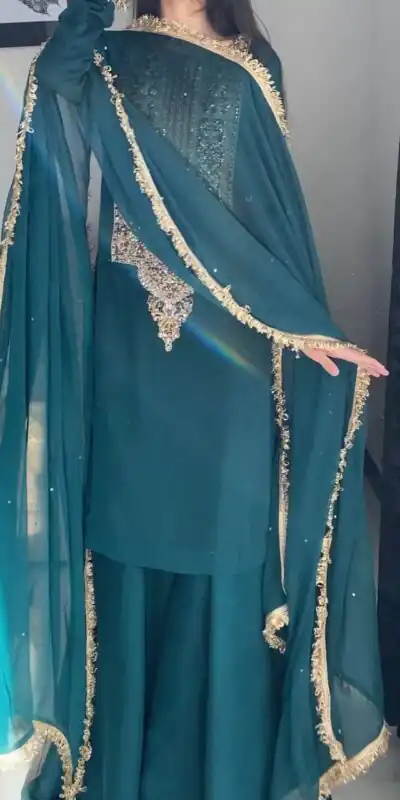 ZC 8021 Teal Fox Georgette Salwar Suit with Embroidery Work & Sequins Work. Exclusive Offer ₹2099. Delivery 4-6 Working Days. Shop now. | Casual Suits, Jump Suits, Creative suits, Designer Suits, Palazzo Suits, Party Wear Suits, Patiala Suits, Salwar suit, Straight Suits