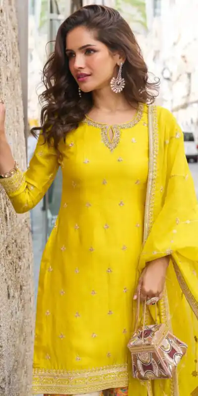 ZC KIARA Yellow Chinon Silk Salwar Suit with Embroidery Work & Sequins Work. Grab it for ₹2399. Delivery 4-6 Working Days. Shop now. | Casual Suits, Jump Suits, Creative suits, Designer Suits, Palazzo Suits, Party Wear Suits, Patiala Suits, Salwar suit, Straight Suits