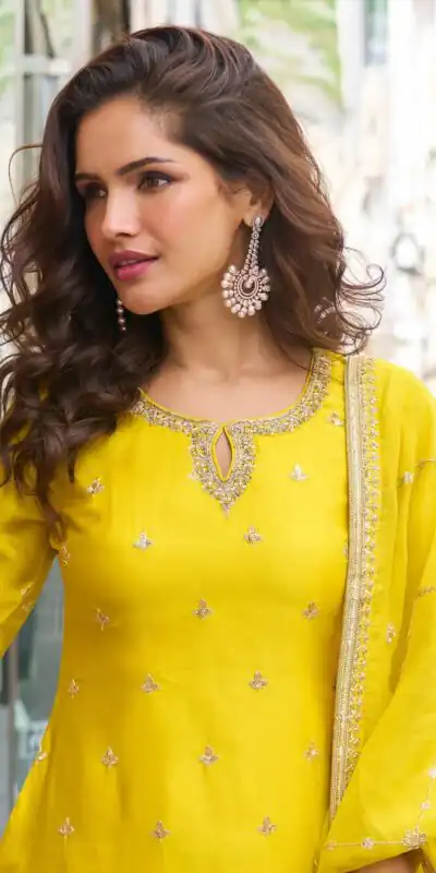 ZC KIARA Yellow Chinon Silk Salwar Suit with Embroidery Work & Sequins Work. Grab it for ₹2399. Delivery 4-6 Working Days. Shop now. | Casual Suits, Jump Suits, Creative suits, Designer Suits, Palazzo Suits, Party Wear Suits, Patiala Suits, Salwar suit, Straight Suits
