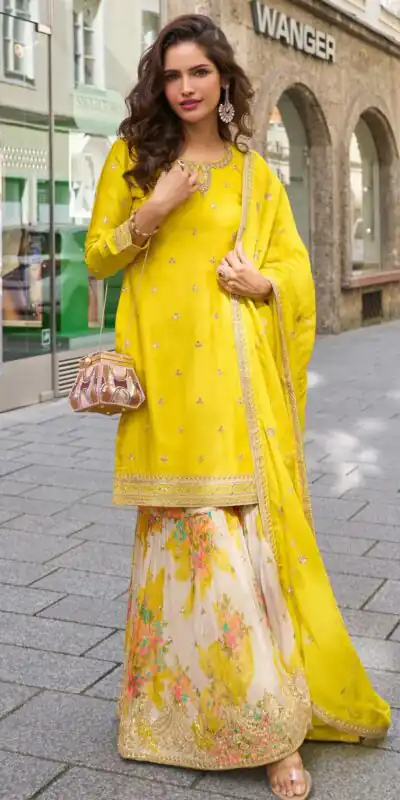 ZC KIARA Yellow Chinon Silk Salwar Suit with Embroidery Work & Sequins Work. Grab it for ₹2399. Delivery 4-6 Working Days. Shop now. | Casual Suits, Jump Suits, Creative suits, Designer Suits, Palazzo Suits, Party Wear Suits, Patiala Suits, Salwar suit, Straight Suits