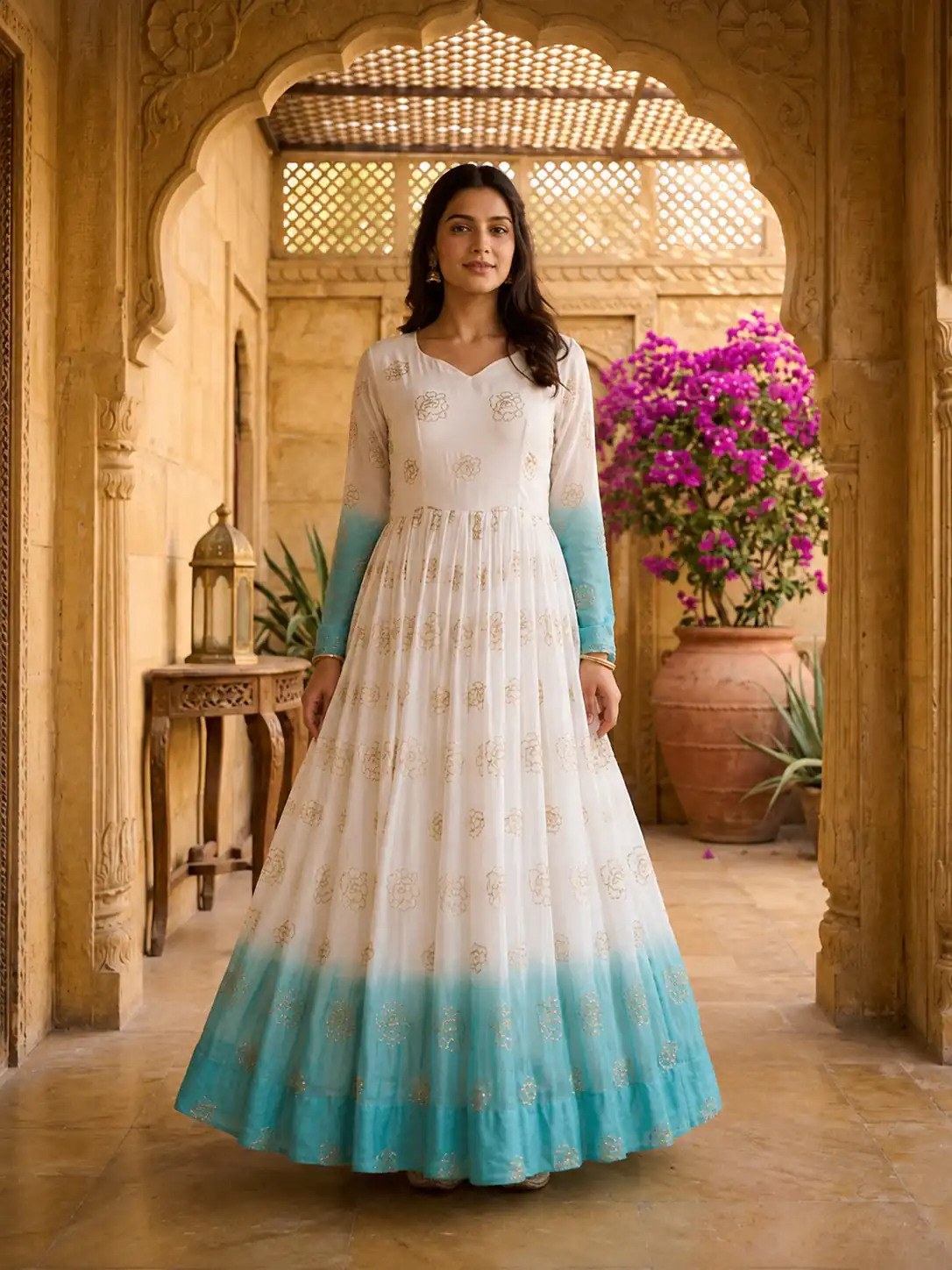 KA 1264 Blue Silver Crunchy Gown Perfect for Wedding, Party, Durga Puja, Ganesh Chaturthi, Family Gatherings – n. Festive Deal ₹1819. Delivery 4-6 Worki | Bollywood Gowns, Creative Gowns, Designer Gowns, Embroidered Gowns, Gowns, Party Wear Gowns