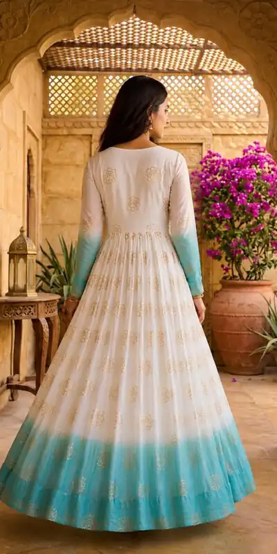 KA 1264 Blue Silver Crunchy Gown Perfect for Wedding, Party, Durga Puja, Ganesh Chaturthi, Family Gatherings – n. Festive Deal ₹1819. Delivery 4-6 Worki | Bollywood Gowns, Creative Gowns, Designer Gowns, Embroidered Gowns, Gowns, Party Wear Gowns