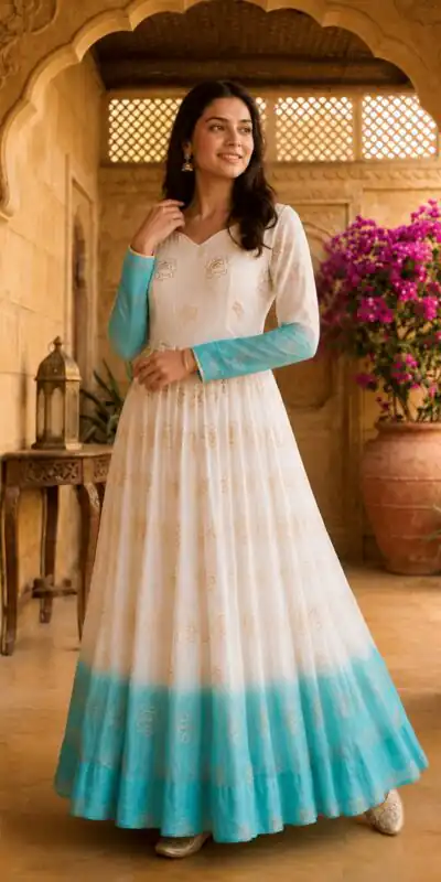 KA 1264 Blue Silver Crunchy Gown Perfect for Wedding, Party, Durga Puja, Ganesh Chaturthi, Family Gatherings – n. Festive Deal ₹1819. Delivery 4-6 Worki | Bollywood Gowns, Creative Gowns, Designer Gowns, Embroidered Gowns, Gowns, Party Wear Gowns