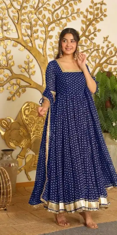 AD 239 Navy Blue in Colour Faux Georgette Bandhani Print Work Gown. Available at ₹1999 only. Delivery 4-6 Working Days. Shop now. | Bollywood Gowns, Creative Gowns, Designer Gowns, Embroidered Gowns, Gowns, Party Wear Gowns
