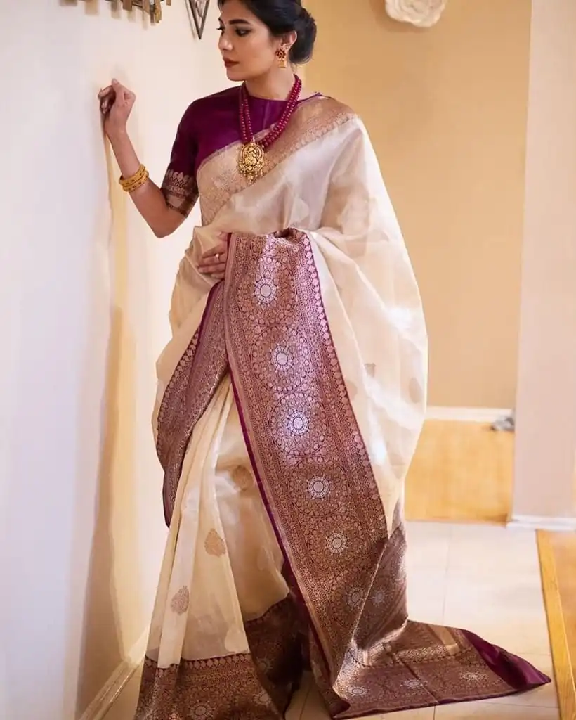 KPR 284 Off White Soft Lichi Silk Saree with Lace Work & Lace Border. Introductory Price ₹1549. Delivery 4-6 Working Days. Shop now. | Creative Sarees, Bollywood Sarees, Designer Sarees, Embroidered Sarees, Ethnic Saree, Modern Digital sarees, Party Wear Sarees, Sarees