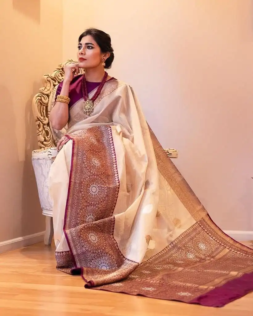 KPR 284 Off White Soft Lichi Silk Saree with Lace Work & Lace Border. Introductory Price ₹1549. Delivery 4-6 Working Days. Shop now. | Creative Sarees, Bollywood Sarees, Designer Sarees, Embroidered Sarees, Ethnic Saree, Modern Digital sarees, Party Wear Sarees, Sarees