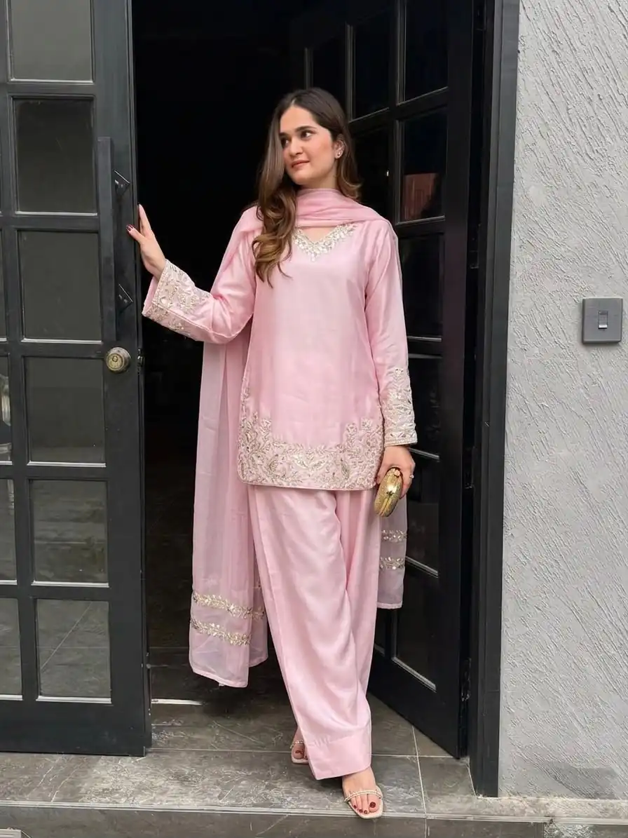 ZSR 3125 Pink Natural Crepp Silk With Embroidery Sequence Work Salwar Suit Perfect for Wedding, Party, Housewarming, Eid, Festival Celebrations | Casual Suits, Jump Suits, Tops & Bottoms, Track Suits, Trendy Wear, Creative suits, Designer Suits, Palazzo Suits, Party Wear Suits, Patiala Suits, Salwar suit, Straight Suits