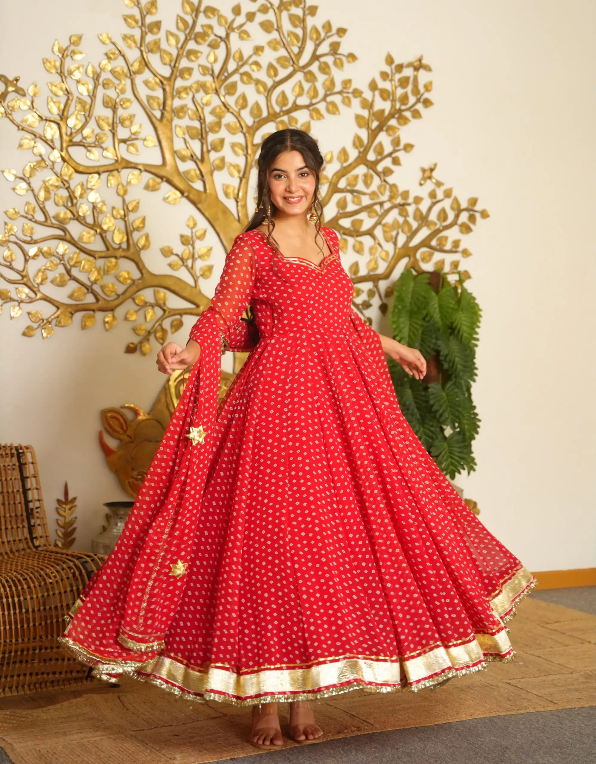AD 239 Red in Colour Faux Georgette Bandhani Print Work Gown. Available at ₹1999 only. Delivery 4-6 Working Days. Shop now. | Bollywood Gowns, Creative Gowns, Designer Gowns, Embroidered Gowns, Gowns, Party Wear Gowns