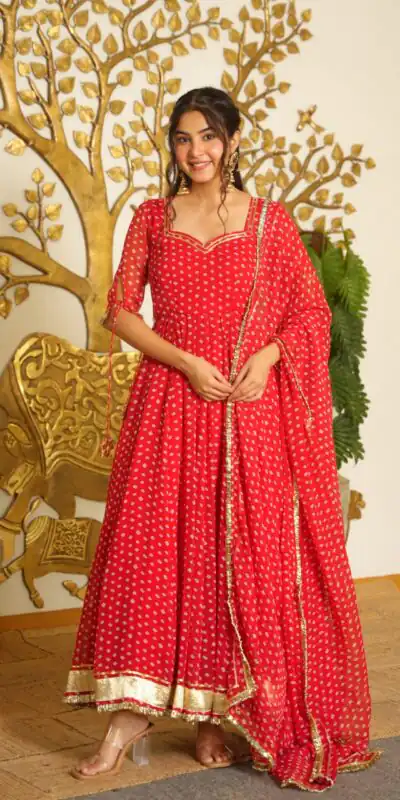 AD 239 Red in Colour Faux Georgette Bandhani Print Work Gown. Available at ₹1999 only. Delivery 4-6 Working Days. Shop now. | Bollywood Gowns, Creative Gowns, Designer Gowns, Embroidered Gowns, Gowns, Party Wear Gowns