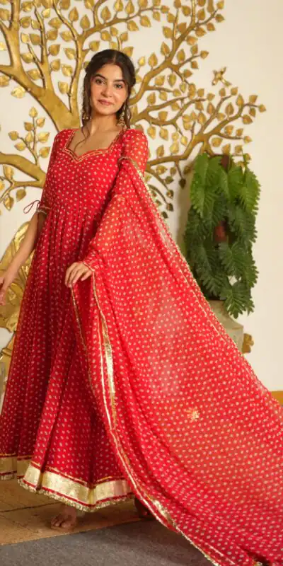 AD 239 Red in Colour Faux Georgette Bandhani Print Work Gown. Available at ₹1999 only. Delivery 4-6 Working Days. Shop now. | Bollywood Gowns, Creative Gowns, Designer Gowns, Embroidered Gowns, Gowns, Party Wear Gowns