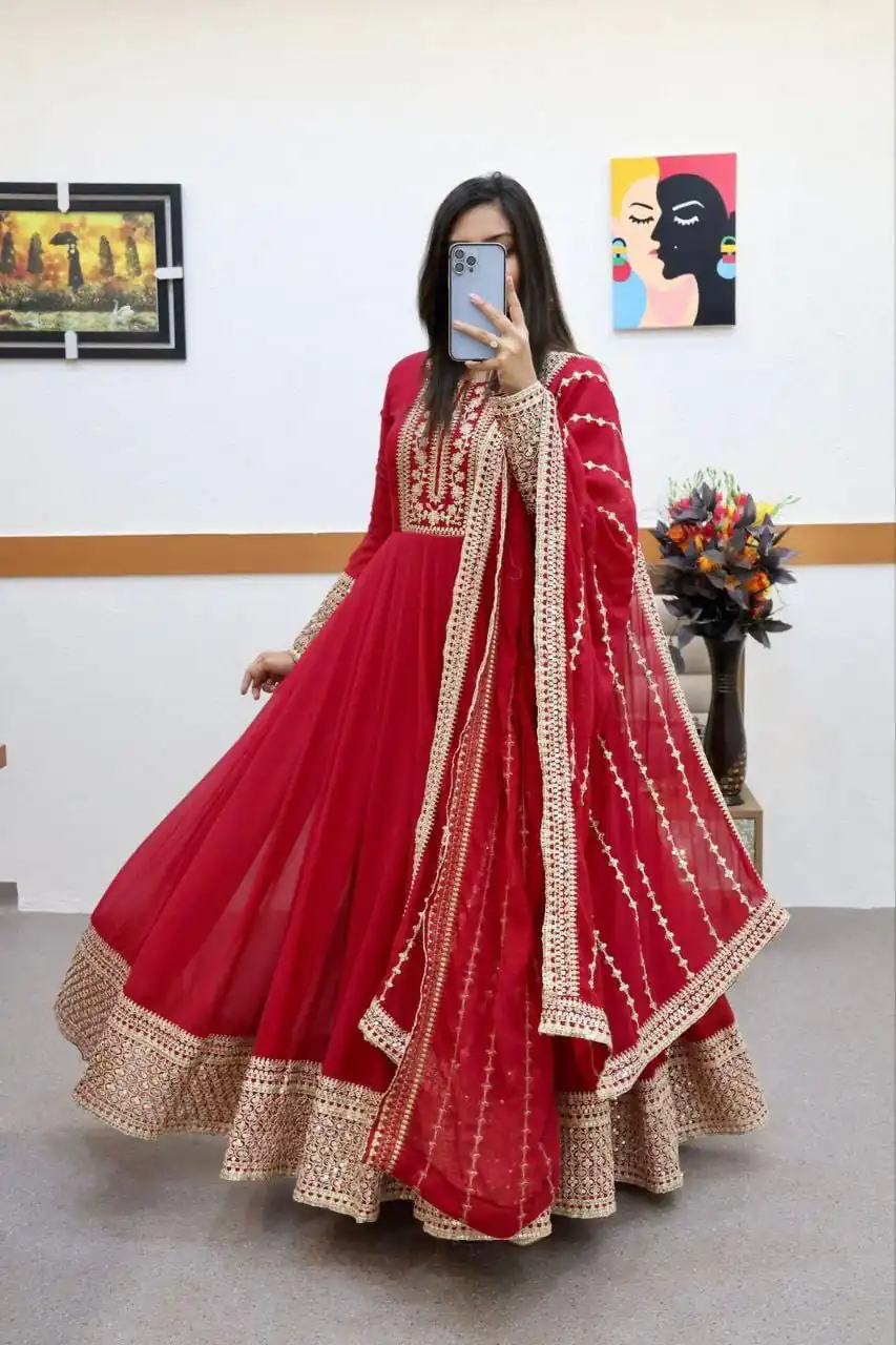 ZC 8957 Red Perfect for Wedding, Party, Lohri, Haldi, Ethnic Day – . Available at ₹999 only. Delivery 4-6 Working Days. Shop now. | Bollywood Gowns, Creative Gowns, Designer Gowns, Embroidered Gowns, Gowns, Party Wear Gowns