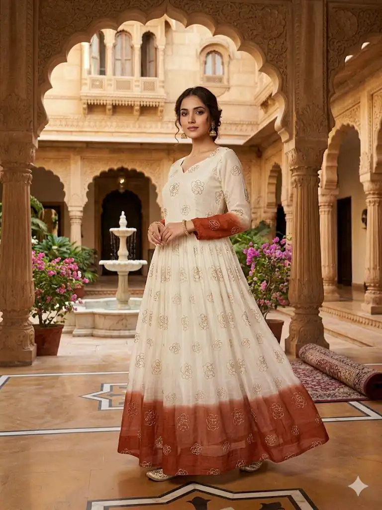 KA 1264 Rust Silver Crunchy Gown Perfect for Wedding, Party, Durga Puja, Ganesh Chaturthi, Family Gatherings – n. Festive Deal ₹1819. Delivery 4-6 Worki | Bollywood Gowns, Creative Gowns, Designer Gowns, Embroidered Gowns, Gowns, Party Wear Gowns