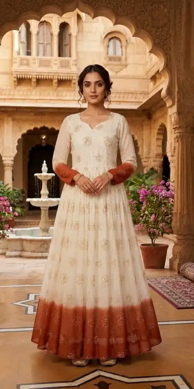 KA 1264 Rust Silver Crunchy Gown Perfect for Wedding, Party, Durga Puja, Ganesh Chaturthi, Family Gatherings – n. Festive Deal ₹1819. Delivery 4-6 Worki | Bollywood Gowns, Creative Gowns, Designer Gowns, Embroidered Gowns, Gowns, Party Wear Gowns