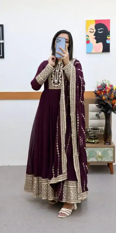 ZC 8957 Wine Perfect for Wedding, Party, Lohri, Haldi, Ethnic Day – . Available at ₹999 only. Delivery 4-6 Working Days. Shop now. | Bollywood Gowns, Creative Gowns, Designer Gowns, Embroidered Gowns, Gowns, Party Wear Gowns